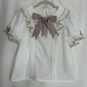 Liz Lisa Kawaii J fashion blouse gray bow accents short sleeve romantic